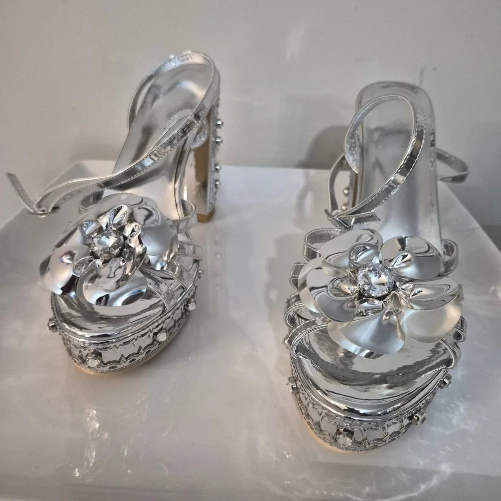 Silver Metallic Floral Platform Sandals Studded Block Heel Ankle Strap Dressy